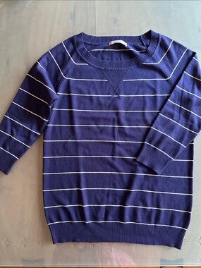 One A Navy Blue & White Striped Crewneck Sweater